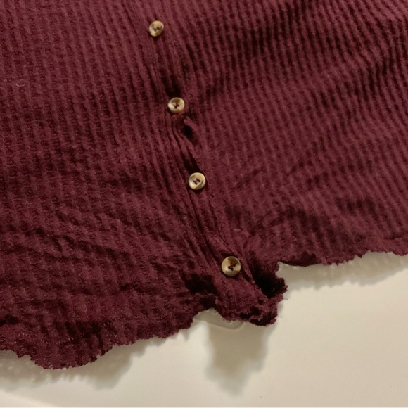 Maroon Bordeaux Waffle Knit Thermal Oversized Knot Front Long Sleeve Tee Shirt - Picture 6 of 6